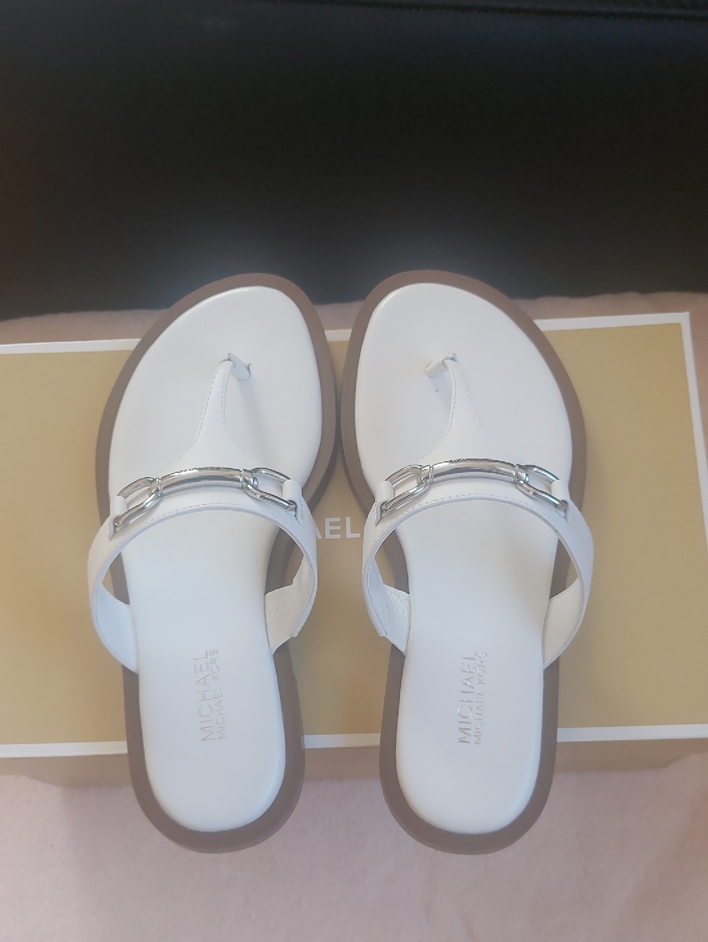 MICHAEL Michael Kors White Leather Thong Sandals with Silver-Tone Accent